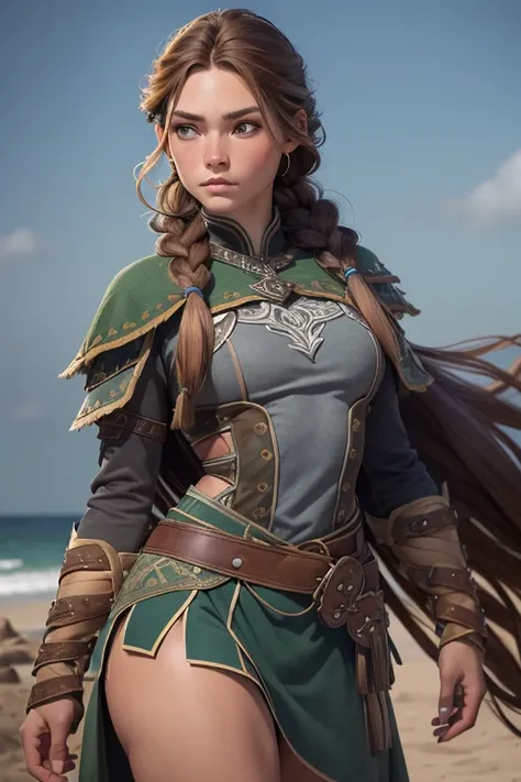 (Obra maestra, La mejor calidad) (young warrior woman of nordic descent), (ojos verdes), (Muscular), (falda de piel), (brown hair color),(loose hair with small braids on the scalp), (top con correa de cuero) plumas, capa sobre el hombro, bufas, (azul, gray...