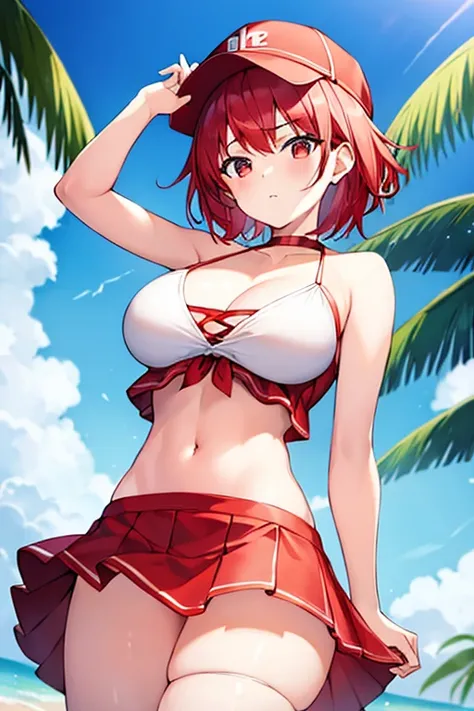 1girl, red hair, bikini, white bikini, skirt, large breasts, thick thighs, very short hair, skirt bikini, beach, serious, red trim, miniskirt, cap, hat