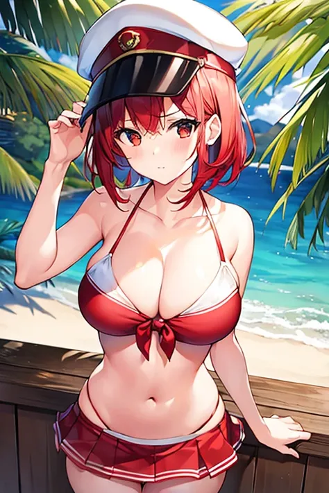 1girl, red hair, bikini, white bikini, skirt, large breasts, thick thighs, very short hair, skirt bikini, beach, serious, red trim, miniskirt, cap, hat