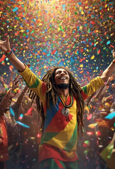 best quality,4k,highres,ultra-detailed,physically-based rendering,realistic,sharp focus,colorful confetti,bob marley and the wailers:1.1,jamaika,zentangle,origami,cinematic,magical atmosphere,tropical paradise,twinkling stars,vibrant colors,intricate patte...