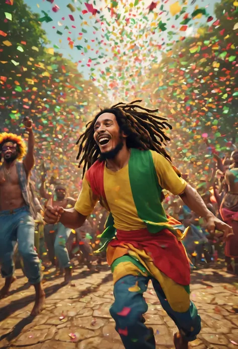 best quality,4k,highres,ultra-detailed,physically-based rendering,realistic,sharp focus,colorful confetti,bob marley and the wailers:1.1,jamaika,zentangle,origami,cinematic,magical atmosphere,tropical paradise,twinkling stars,vibrant colors,intricate patte...