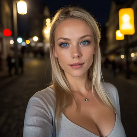 (Selfie, Draufsicht: 1.4), (straight half of the body: 1.4), RAW UHD portrait photo of a 24-year-old blonde, (Blue-eyed woman), (in sportswear big breasts), (puckered lips), Stadt bei Nacht, (Rock), (Ausschnitt), Details (Gewebe!, Haar!, Glitzer, Farbe!!, ...