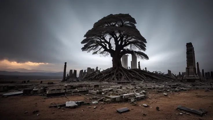 A majestic cedar tree towers over the ruins of a forgotten civilization, emitting a sacred light that pierces through the cloudy, darkened sky. Its grandeur stands in stark contrast to the desolate surroundings of collapsed buildings and littered debris, w...