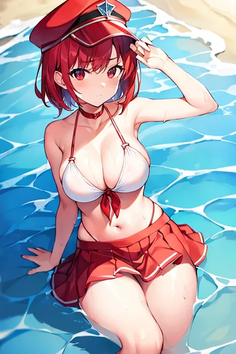 1girl, red hair, bikini, white bikini, skirt, large breasts, thick thighs, very short hair, skirt bikini, beach, serious, red trim, cap, hat, water, spashing, wet