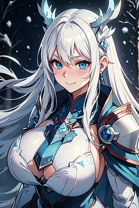 Warrior Women, white hair, blue eyes, long hair, shy smile, embarrassed, snow, snowy forest, light blue armor, blue plating, blue earings, blushing, massive breast, ice magic, fully covered, fully clothed