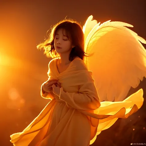 animation、An angel is floating softly，、Warm atmosphere、Wrapped in warm orange light、