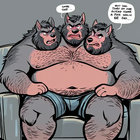 solo, ((three headed wolf)), adult male, hairy, detailed eyes, by dramamine, (identical:1.9), obese, gray background, shirtless, boxers, navel, speech bubbles:1.5, correct hands, ultradetailed, natural pose, ((angry, arguing, bickering, frowning, eye conta...