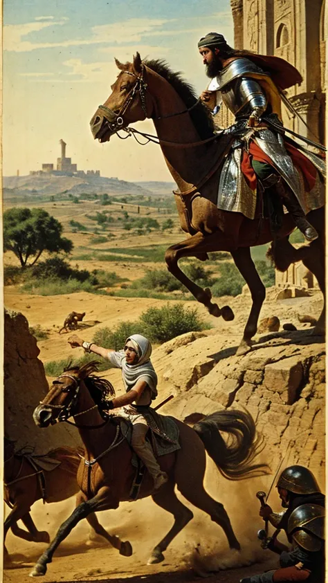 The young leper king Baldwin defeating Saladin, a scene of triumph and escape, with Saladin fleeing on a camel, set in the heat of a medieval battle.