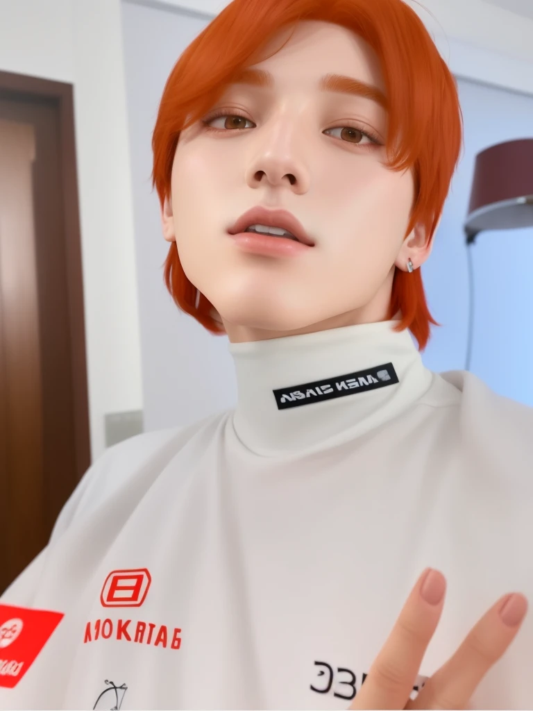 Theres a man with red hair and a white shirt, Retrato de jungkook , estilo anime 3 d realista, Jiminthe full lips, estilo de arte realista, jungkook o nariz grego, jeon jungkook, jungkook of bts, fotorrealista!!!!!!! Estilo de arte, realism art style