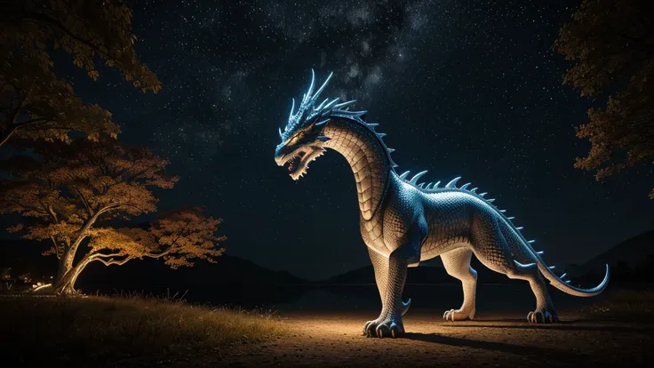 Realistic night scene professional photography with moonlight illuminating a gigantic white eastern dragon, very long body, long hairs, tiny hands and legs, scales feature dark wood textures, emitting a white fluorescent glow, dragons body partially entwin...