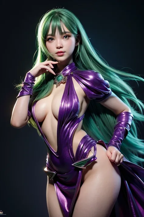 (iu:0.8),((small breast)), RAW, Best quality, high resolution, Masterpiece: 1.3, Beautiful woman in translucent, Masterpiece a woman with green hair and a purple top is posing for a picture, extremely detailed artgerm, artgerm on artstation pixiv