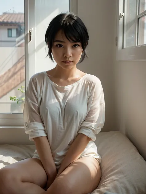 Capture a compelling photograph with high resolution using a professional-grade camera. The subject is an adorable Japanese girl with short black hair, seated halfway in the frame, positioned sideways to the camera. The scene unfolds in a bedroom with soft...