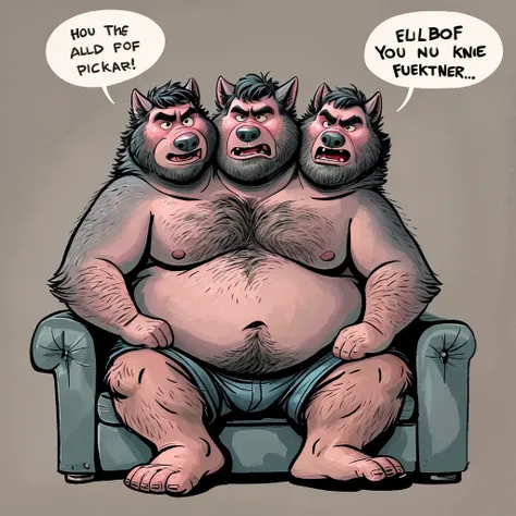 solo, ((three headed wolf)), adult male, hairy, detailed eyes, by dramamine, by pixar, (identical:1.9), obese, gray background, shirtless, boxers, navel, speech bubbles:1.5, correct hands, ultradetailed, natural pose, ((angry, arguing, bickering, frowning,...