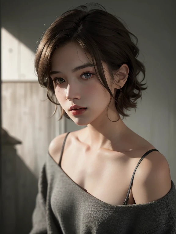 highest quality, masterpiece, ultra high resolution, (realistic:1.5), RAW photo, 1 girl, off shoulder, in the dark, deep shadow, discreet key, cold light, sexy look, short hair