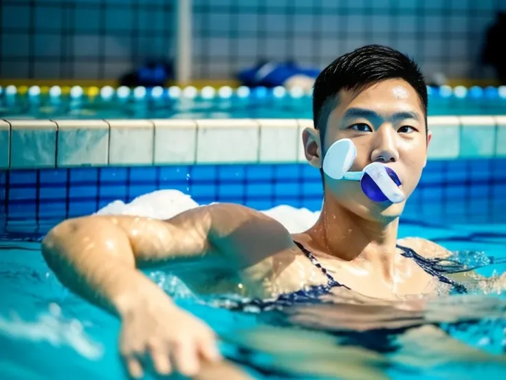 full body image of a japanese man、male student、male swimming club member、male lifesaver、shaved head man、dark-skinned man、muscula...