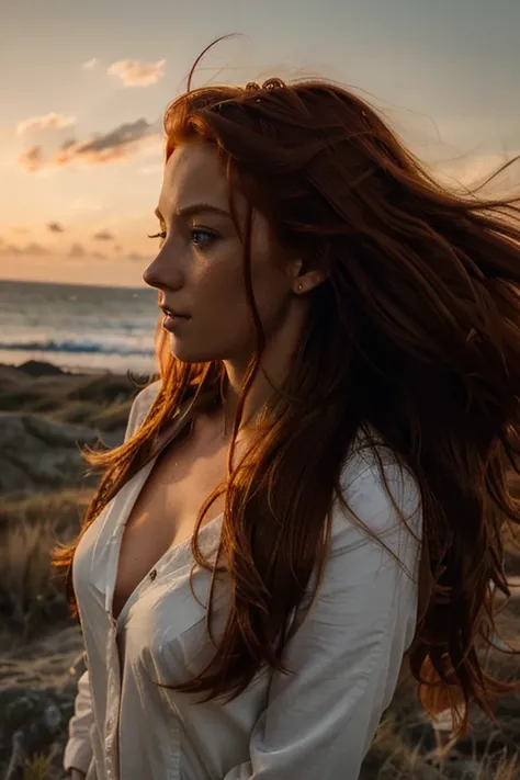 a photograph of a redhead woman with windswept tresses, her hair entangled like flames against a twilight sky, emanating untamed beauty