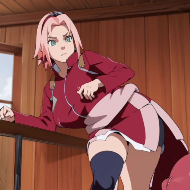 obra maestra, high resolution, alta calidad, cara detallada, Renderizado detallado del cuerpo, 1 chica, Solo, sakura haruno, Traje sin mangas de Hinata, pechos grandes, pecho grande, camisa sin mangas, top de rejilla, labios oscuros, chaqueta sin cremaller...