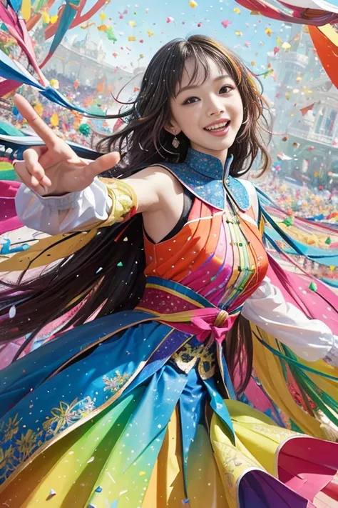 Intricate details, Ultra detail, 超高分辨率, Masterpiece, Random angles, Slender, Smile, Colorful confetti surrounding, Bright and vivid colors, Kaleidoscopic pattern, Playful and cheerful atmosphere, (Splash) (Color Splash), Exuberant and joyful, Radiant and l...