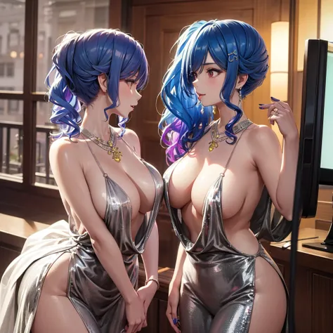 Anime - style illustration of two women kissing in a café, Japan goddess，Beautiful and moving，two women in dresses standing next to each other in front of a tv, pov, two girls, annoying sister vibes, lesbians, cute girls, gen z, looking this way, pov shot,...