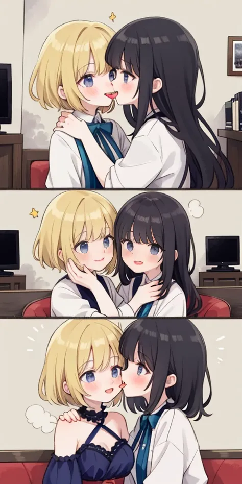 Anime - style illustration of two women kissing in a café, Japan goddess，Beautiful and moving，two women in dresses standing next to each other in front of a tv, pov, two girls, annoying sister vibes, lesbians, cute girls, gen z, looking this way, pov shot,...