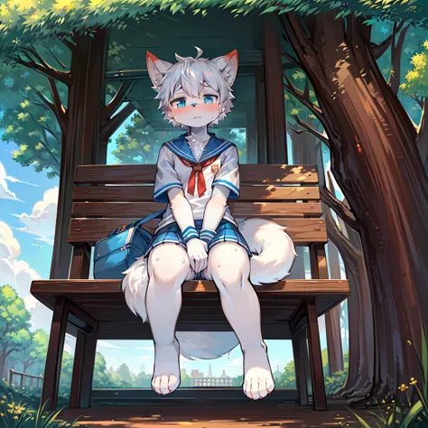 on the table, high quality, ridiculous resolution, number  (artwork ), through thick snacks, Yes, Kiyoyama, (fluffy fur, white fur, Full body fur,), male ,primary school student,alone,one period,tears, blue eyes, white hair,I have a red schoolbag,1tail,Ear...