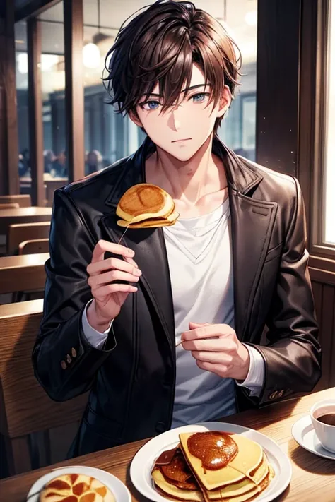 a handsome guy、20代の男性、Winter clothes、Brown-haired shorthair、black eye、Stylish café、long sleeve、Eating pancakes、High resolution、In 8K、sharp focus、zoom、with the best image quality、highest quality