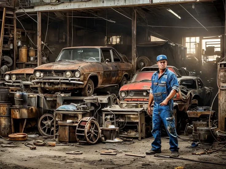 A gritty and realistic image of a car repairman, battling with oil stains on his cheeks, in a cramped repair shop filled with the clunking sounds of malfunctioning vehicles. The atmosphere is highlighted by the machinery humming in the background, as peopl...