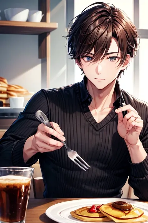 a handsome guy、20代の男性、winter clothes、brown-haired shorthair、black eye、stylish café、long sleeve、eating pancakes with a knife and ...