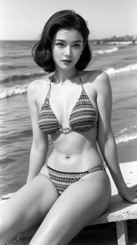 A vintage Hollywood glamour beach party with a woman in a classic filmstrip-patterned bikini, showcasing 8k resolution details of her timeless pale skin, detailed facial expressions, and the elegant curvature of her body.