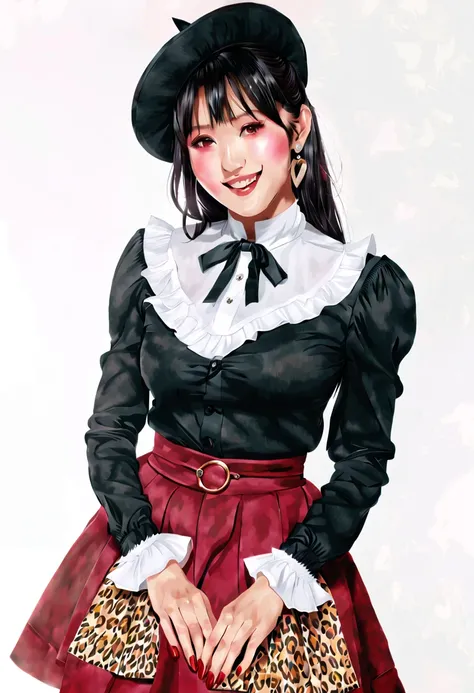 mayuzumi fuyuko, 1girl, solo, black hair, hat, jewelry, long hair, looking at viewer, bangs, earrings, skirt, white background, smile, shirt, simple background, heart earrings, long sleeves, heart, black headwear, black shirt, frilled choker, breasts, brow...