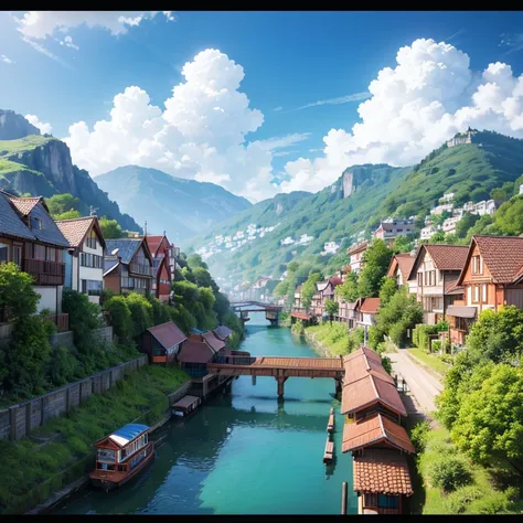 xilmo, background, scenery, dreamlike landscape, floating houses, wooden ladders, floating railways, trolleys on the rails, sky civilization, greenery on the houses, in the sky, cloud, --ar 16:9, --q