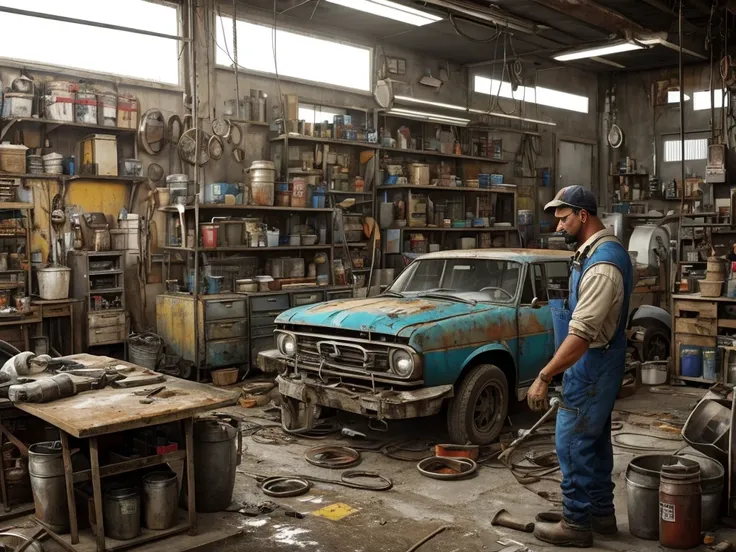 Amidst the cluttered chaos of a cramped car repair shop, a seasoned mechanic wrestles with grease-smeared cheeks and soiled overalls. The dimly lit room is filled with the hum of machinery and the scattered remnants of once-proud vehicles, now reduced to h...