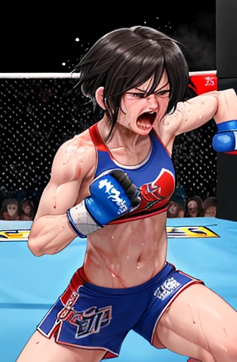 During a match with an opponent in the ring。A scene where a beautiful mixed martial artist is hit by a body blow from an opponent in the stomach.。Open your mouth wide and scream。whole body。Sweat。muscle。six pack。scratch。Bruise。shortness of breath。