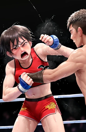 During a match with an opponent in the ring。A scene where a beautiful mixed martial artist is hit by a body blow from an opponent in the stomach.。Open your mouth wide and scream。whole body。Sweat。muscle。six pack。scratch。Bruise。shortness of breath。