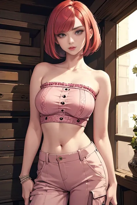 ((best quality)), ((masterpiece)), (detailed),High quality, Ultra detailed, best quality, insanely detailed, beautiful, masterpiece,
20s,Woman in pink,redhead,woman,short hair,shirt,cargo pants,bandeau,tube top,bob cut