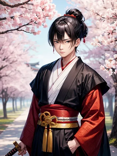 Create an image of a young boy wearing a traditional samurai outfit. He is standing tall with a confident expression on his face. He is dressed in a black kimono adorned with intricate gold patterns. He wears a deep red hakama and a matching waist sash. Th...