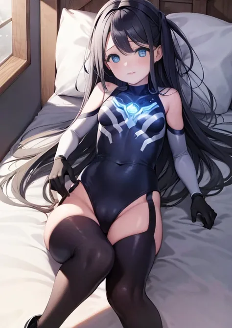 highest quality,sleep on your back in bed，Crab crotch，show me your boots，Leotard sneak peek，glove，elegant, 1 girl, ultraman bodysuit ，cute, blushed, looking at the viewer, from below, prison，blue eyes, beautiful eyes, beautiful background, particles of lig...