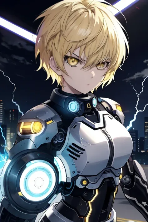 genos, anime, one punch, 1girl, female focus, solo, (electricity), shirt, yellow eyes, blonde hair, short hair, tomboy, colored ...