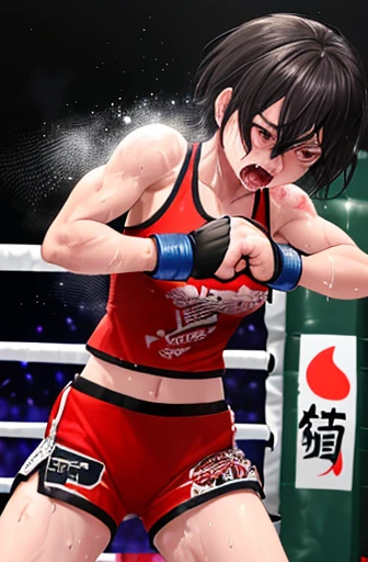 During a match with an opponent in the ring。A scene where a beautiful mixed martial artist is hit by an opponent and her body is blown away.。Open your mouth wide and scream。whole body。Sweat。muscle。six pack。scratch。Bruise。shortness of breath。