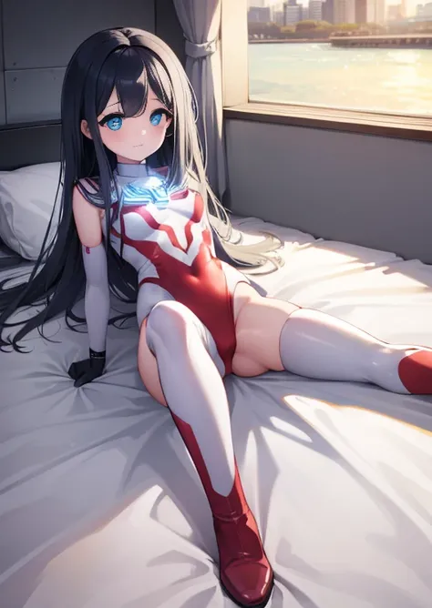 highest quality,sleep on your back in bed，Crab crotch，show me your boots，Leotard sneak peek，glove，elegant, 1 girl, ultraman bodysuit ，cute, blushed, looking at the viewer, from below, prison，blue eyes, beautiful eyes, beautiful background, particles of lig...