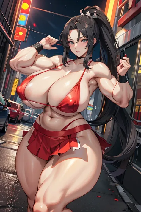 Best quality,8K,ultra high res:1.5),(Pretty very very long ponytail hair tied with red ribbon girl),(Huge breasts:1.20),(very voluptuous body),(very voluptuous thigh),(body builder girl:1.5),(wide muscle:1.8),(light smile),(eyes to camera),(light black hai...