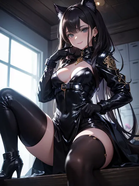 (best quality, hyper detailed, insanely detailed, masterpiece, 8K),Create an image of a young girl with a mischievous grin, dressed as a stylish and skilled thief. She has flowing dark hair and piercing eyes filled with intelligence. She wears a form-fitti...