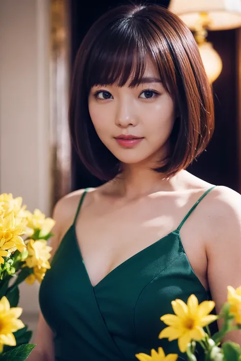 Medium view, medium shot, Depth of bounds written, bust, Upper body, cinematic angle, masterpiece, highest quality, Super detailed, cg, 8k wallpaper, bob cut、beautiful face, delicate eyes, maiden, alone, smile, bangs, skirt, shirt, have, Dark green dress, ...