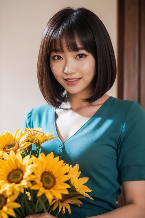 Medium view, medium shot, Depth of bounds written, bust, Upper body, cinematic angle, masterpiece, highest quality, Super detailed, cg, 8k wallpaper, bob cut、beautiful face, delicate eyes, maiden, alone, smile, bangs, skirt, shirt, have, Dark green dress, ...