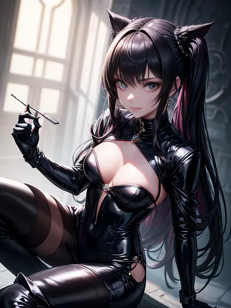 (best quality, hyper detailed, insanely detailed, masterpiece, 8K),Create an image of a young girl with a mischievous grin, dressed as a stylish and skilled thief. She has flowing dark hair and piercing eyes filled with intelligence. She wears a form-fitti...