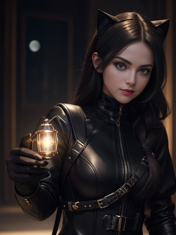 (best quality, hyper detailed, insanely detailed, masterpiece, 8K),Create an image of a young girl with a mischievous grin, dressed as a stylish and skilled thief. She has flowing dark hair and piercing eyes filled with intelligence. She wears a form-fitti...