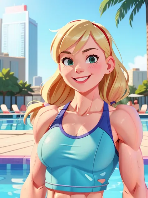 Gwen Stacy, ripped muscle, muscular body, small breast, pale skin, smile, tanktop, sixpack abs, [ultra detailed skin:1.2], 8k uhd, full body, crowd, public, poolside, standing,