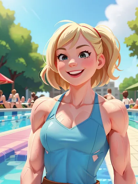 Gwen Stacy, ripped muscle, muscular body, small breast, pale skin, smile, sundress, sixpack abs, [ultra detailed skin:1.2], 8k uhd, full body, crowd, public, poolside, standing,