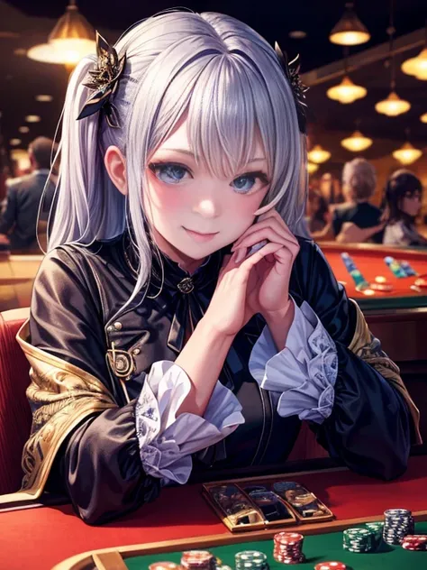 (best quality, hyper detailed, insanely detailed, masterpiece, 8K),Generate a close-up image of a girl sitting at a casino table. Her elbows are resting on the table and she is intertwining her fingers. She has a mischievous smirk on her face, resembling ,...