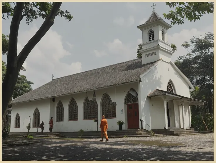 Impressionism style vivid impasto thick oil paint using palette knife . Natural daylight. A church in Depok. close up a mixed-race Indonesian-Dutch Huguenot man walking by. a ginger cat watching.